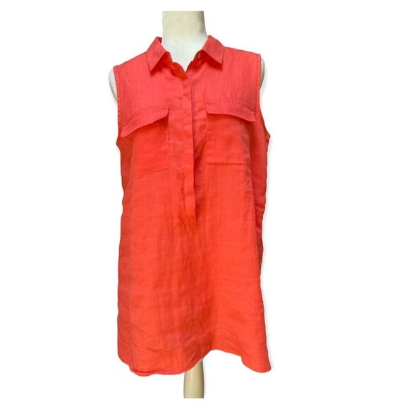 Jones & Co size M Coral red linen popover sleeveless shirt tunic cruise resort - Picture 1 of 8